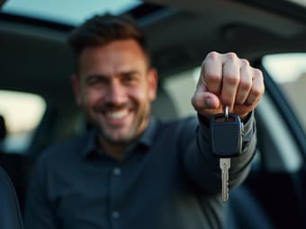 Studio shot of a man holding car keys, ready to help, bright lighting
