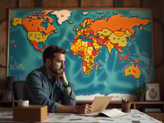 Studio shot of a man looking at a world map, travel-themed props in the background