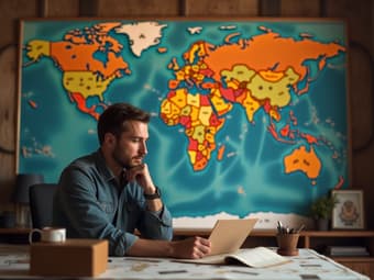 Studio shot of a man looking at a world map, travel-themed props in the background