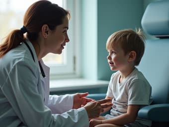 Studio shot of a parent explaining to a child what will happen at the doctor's office