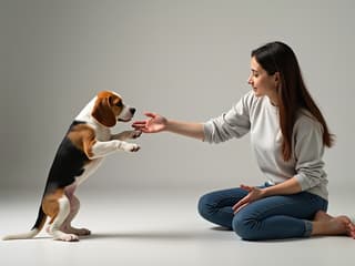 Studio shot of a person patiently training a Beagle puppy, focus on interaction, clean background
