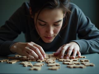 Studio shot of a person solving a complex 3D puzzle, focused expression, soft lighting