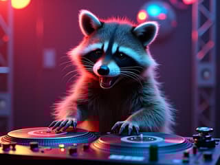 Studio shot of a raccoon DJ mixing on turntables, disco ball reflections, colorful lighting