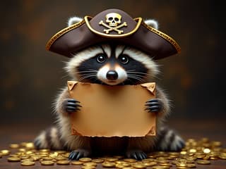 Studio shot of a raccoon holding a treasure map and wearing a pirate hat, surrounded by gold coins