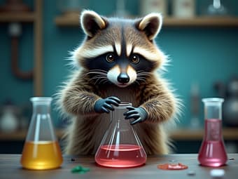 Studio shot of a raccoon mixing chemicals in a beaker, with a test tube and safety gear nearby