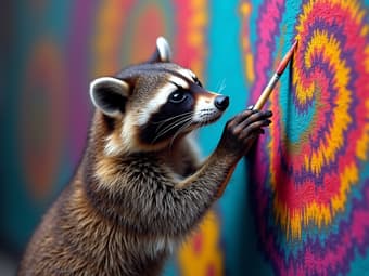 Studio shot of a raccoon painting psychedelic patterns on a wall, with a colorful background