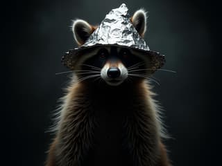 Studio shot of a raccoon wearing tin foil hat, paranoid expression, mysterious lighting