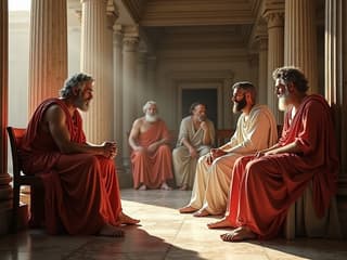 Studio shot of ancient Greek philosophers in discussion, marble columns and togas, warm lighting