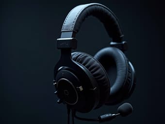 Studio shot of gaming headphones with microphone and sound quality specs