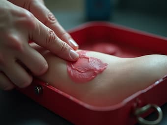 Studio shot of hands applying pressure to a simulated wound, first aid kit open