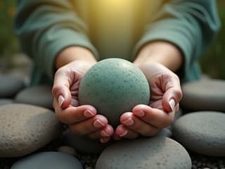 Studio shot of hands holding stress balls, zen garden in background, soothing atmosphere