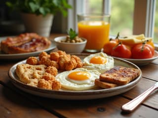 Studio shot of perfect balanced breakfast spread, morning light effect, rustic wooden table