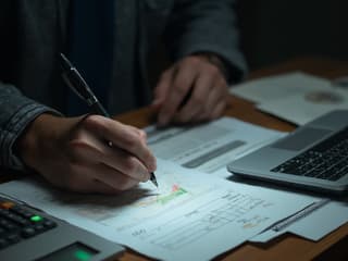 Studio shot of person examining bank statements with highlighter, calculator nearby