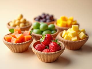Studio shot of variety of healthy snacks in small portions, colorful display, clean background
