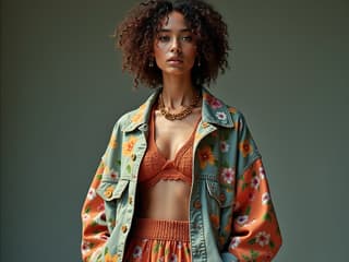 Stylish outfit with mixed patterns and colors, fashion studio photography