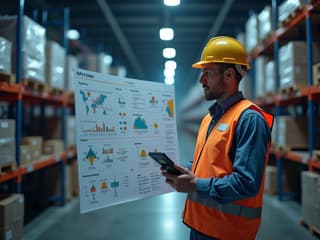 Supply chain manager analyzing logistics flow chart, warehouse backdrop, studio quality photograph