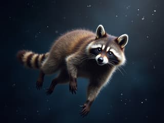 Surreal studio portrait of a raccoon floating in space, dreamlike lighting, starry background