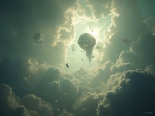 Surrealistic dreamscape with floating symbols, soft ethereal lighting, studio photography