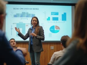 Teacher demonstrating presentation skills with slides, graphics and confident posture