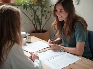 Teacher reviewing a student's essay with constructive feedback notes and suggestions