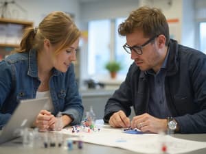 Teacher reviewing chemistry concepts with a student using molecular models and diagrams