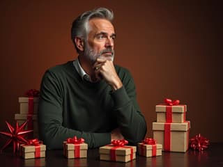Thoughtful man in a studio setting, surrounded by gift boxes, warm lighting
