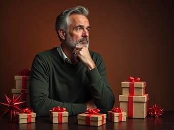 Thoughtful man in a studio setting, surrounded by gift boxes, warm lighting