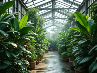 Tropical plants in a greenhouse setting, lush foliage, studio lighting