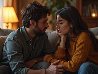 Two friends talking seriously, one consoling the other, cozy studio setup