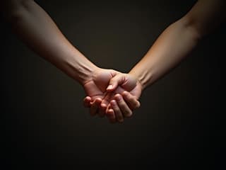Two hands meeting in the middle, studio shot, symbolic lighting