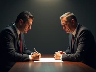 Two people in business attire negotiating at a table, contract visible, studio lighting