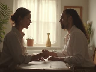 Two people shaking hands after resolving a disagreement, looking relieved