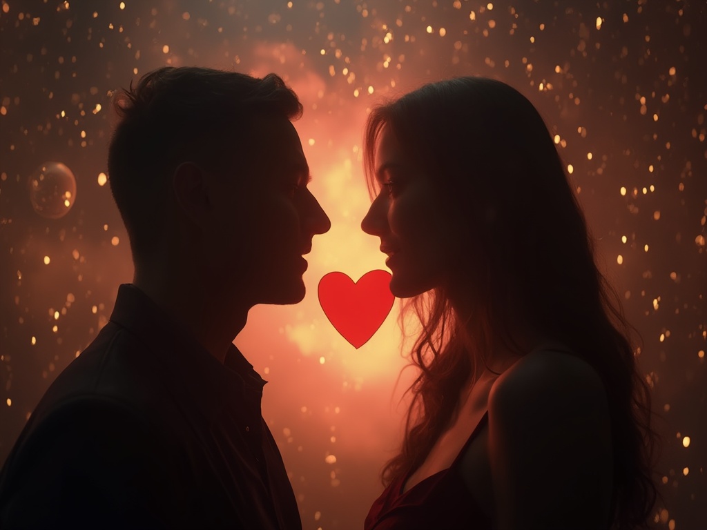 Two silhouettes about to meet with heart symbol, romantic mystical atmosphere, studio lighting