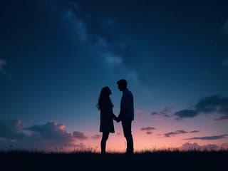 Two silhouettes meeting under a starry sky, romantic studio setup, soft lighting