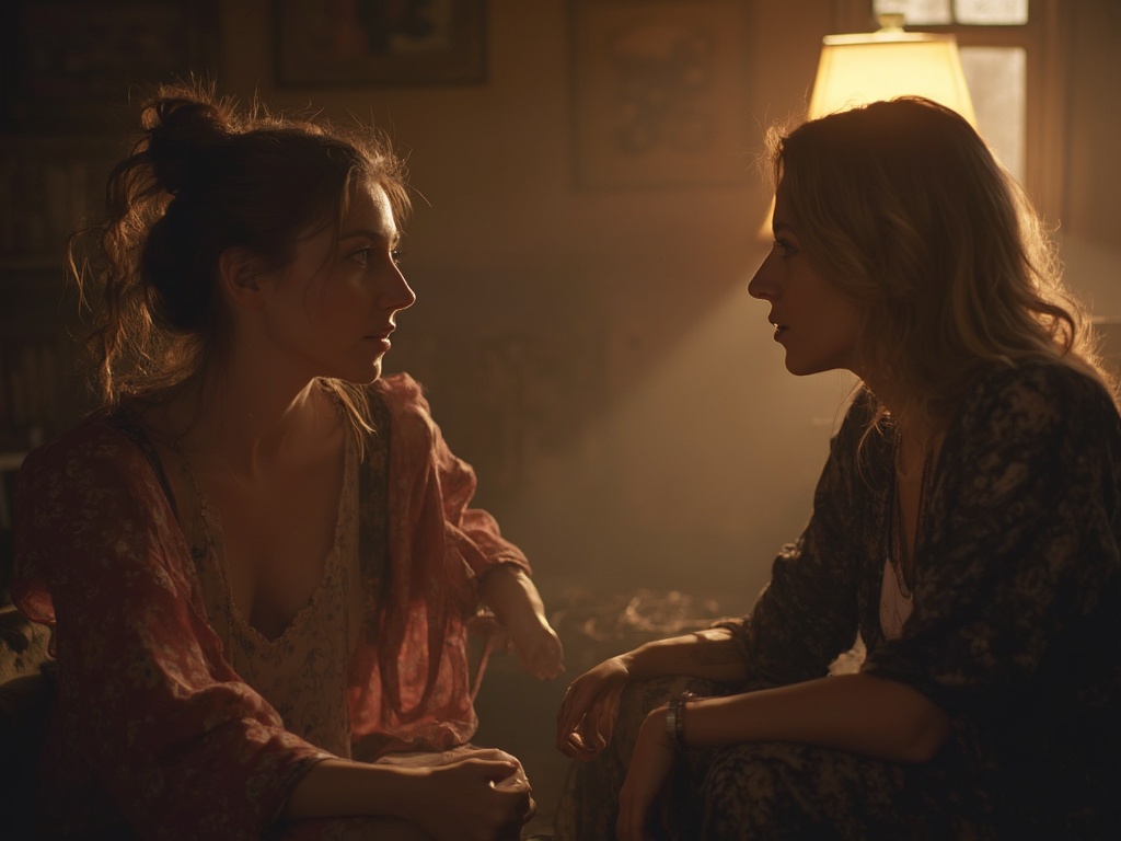 Two women having a heart-to-heart conversation, warm connection, intimate studio setting