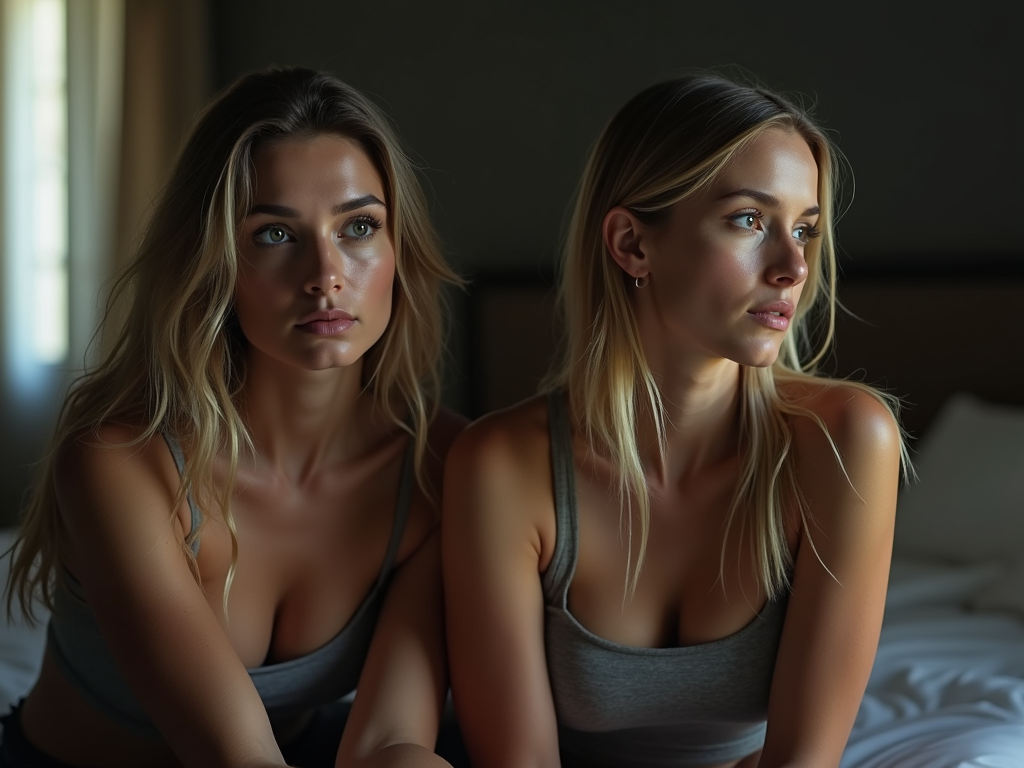 Two women sitting apart, one looking away, studio setting with soft lighting