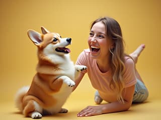 Uplifting studio shot of a smiling person playing with an enthusiastic Corgi, joyful atmosphere