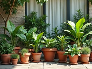 Variety of potted plants arranged on a patio, container gardening, studio shot