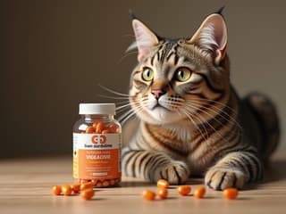 Various cat vitamin supplements next to a healthy-looking cat