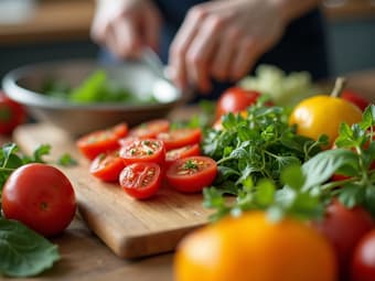 Vibrant studio shot of fresh, healthy food being prepared, bright colors