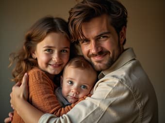 Warm studio portrait of a family embracing, soft focus, gentle lighting