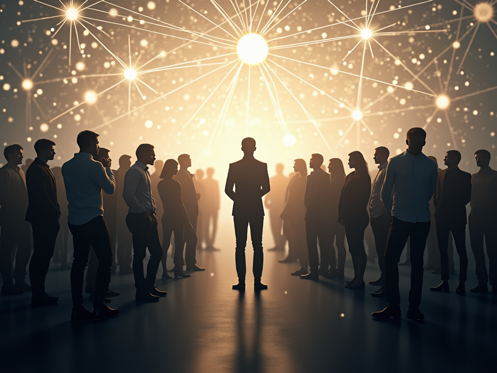 Web of interconnected human silhouettes, studio backdrop with soft lighting