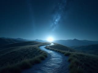 Winding path through a starry landscape leading to a bright light, studio setup, soft focus
