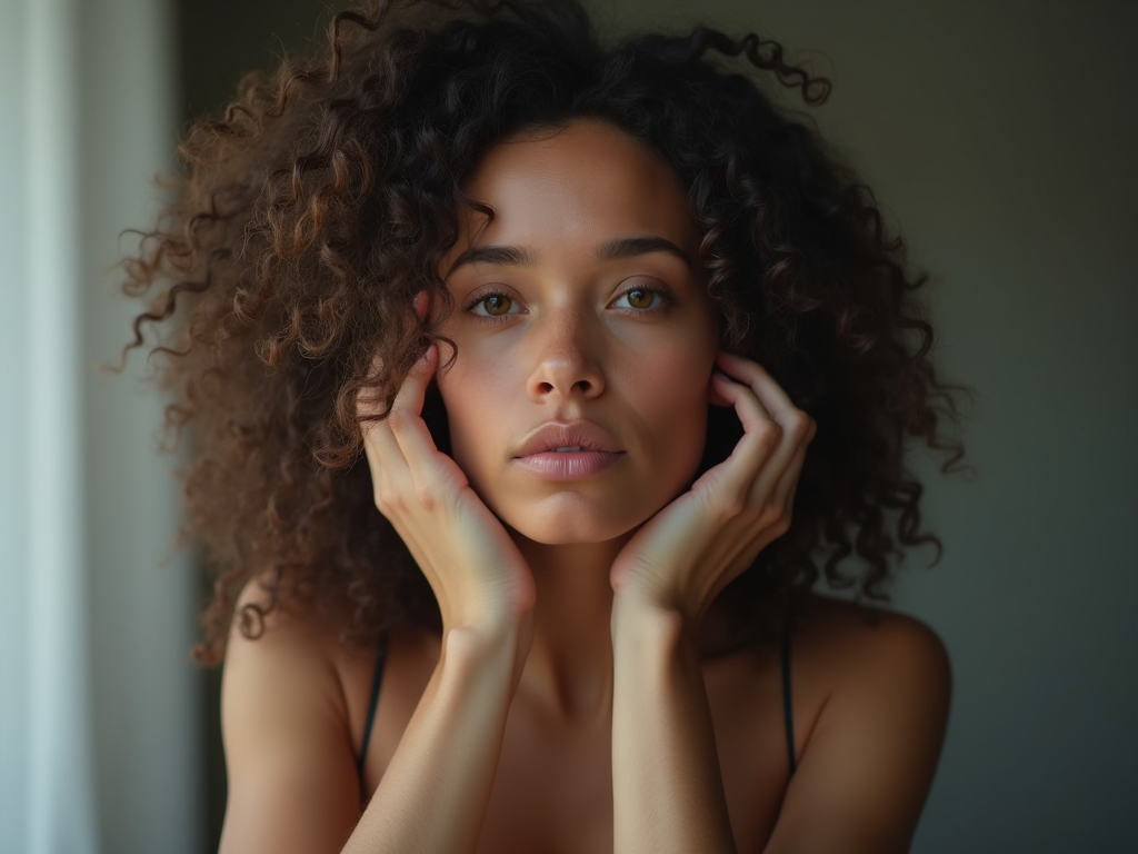 Woman accepting imperfections, studio setting with self-love