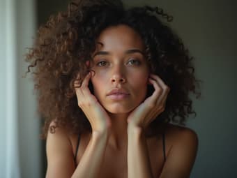 Woman accepting imperfections, studio setting with self-love