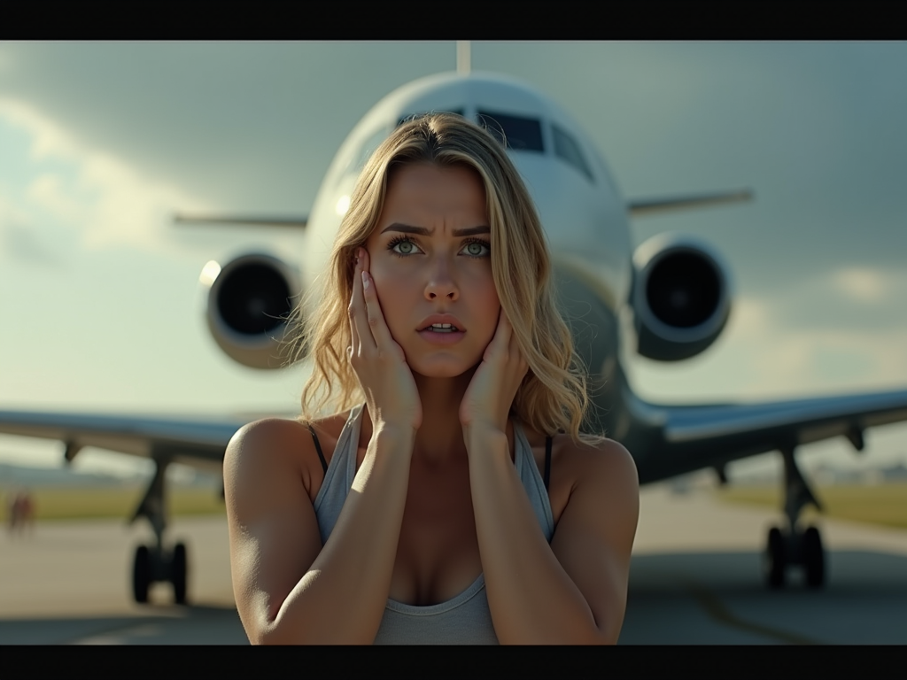 Woman afraid of flying, studio setting with airplane background