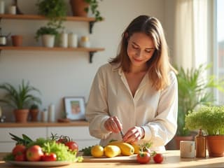 Woman arranging healthy lifestyle items, bright and cheerful studio setting