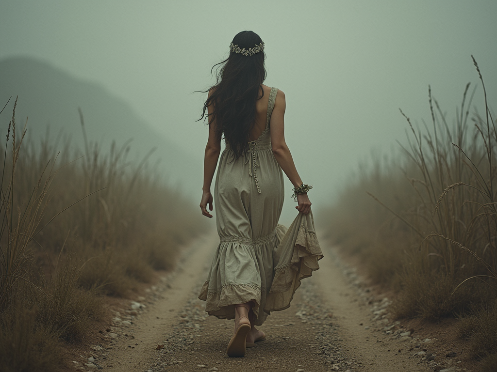 Woman at crossroads, multiple path choices, symbolic studio setup