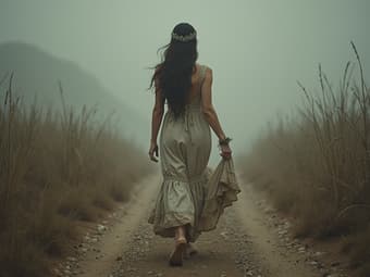 Woman at crossroads, multiple path choices, symbolic studio setup