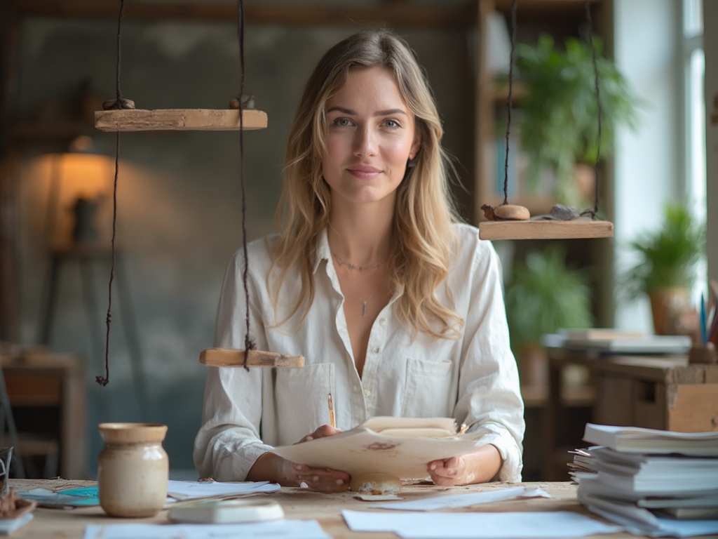 Woman balancing work items and personal life objects, harmonious composition, studio setting